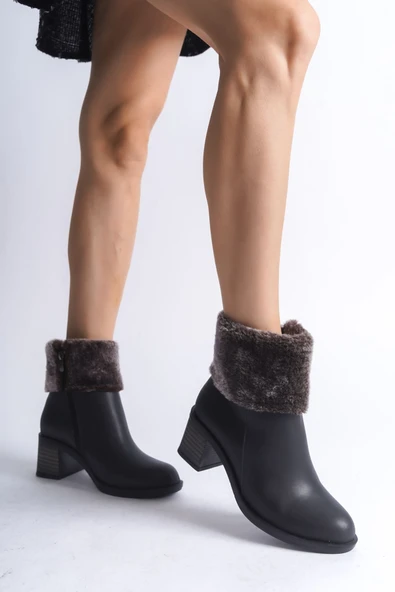 JET-KATYA Fermuarlı Ortopedik Taban Topuklu Kürk DetaylıKadın Bot  CST - Siyah - Resim 3