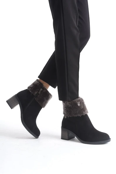 JET-KATYA Fermuarlı Ortopedik Taban Topuklu Kürk Detaylı Süet Kadın Bot  SST - Siyah - Resim 3