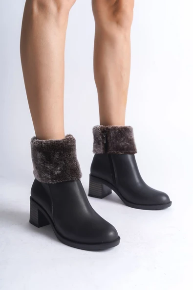 JET-KATYA Fermuarlı Ortopedik Taban Topuklu Kürk DetaylıKadın Bot  CST - Siyah ürün görseli