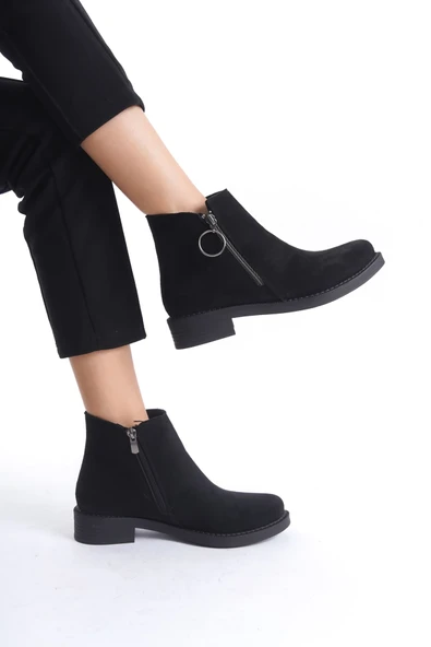 JET-MARGARET Fermuarlı Ortopedik Taban Topuklu Süet Kadın Bot SST - Siyah - Resim 3