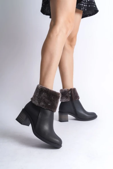 JET-KATYA Fermuarlı Ortopedik Taban Topuklu Kürk DetaylıKadın Bot  CST - Siyah - Resim 2
