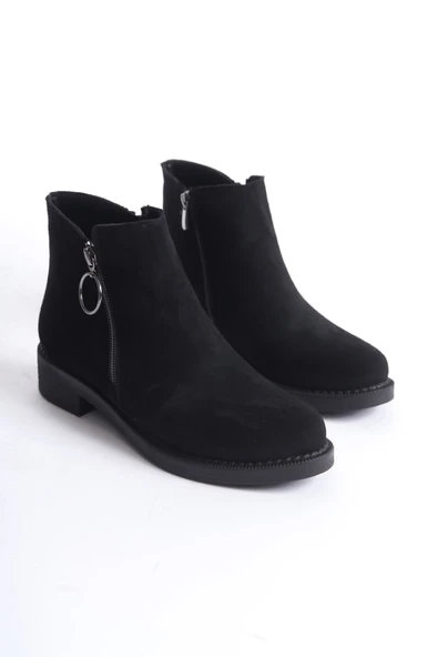 JET-MARGARET Fermuarlı Ortopedik Taban Topuklu Süet Kadın Bot SST - Siyah - Resim 4