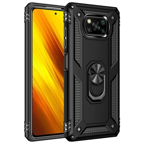 Xiaomi Poco X3 NFC Uyumlu Kamera Korumalı Standlı Yüzüklü Tank Kılıf