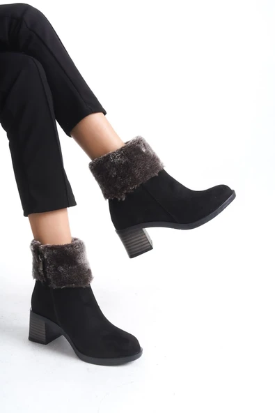 JET-KATYA Fermuarlı Ortopedik Taban Topuklu Kürk Detaylı Süet Kadın Bot  SST - Siyah - Resim 2