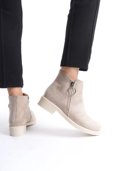 JET-MARGARET Fermuarlı Ortopedik Taban Topuklu Süet Kadın Bot  STT - Ten - Resim 3