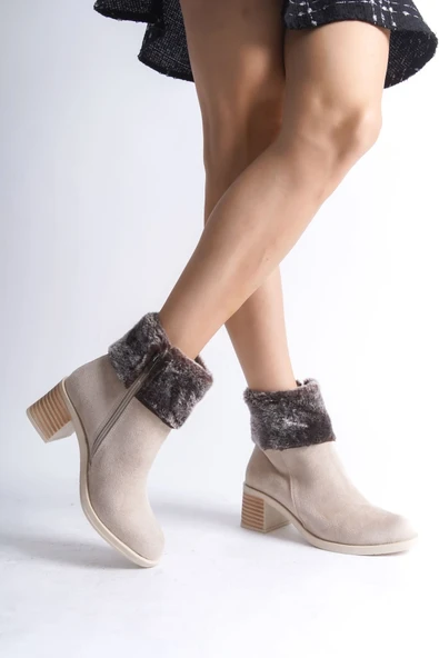 JET-KATYA Fermuarlı Ortopedik Taban Topuklu Kürk Detaylı Süet Kadın Bot  STT - Ten - Resim 3