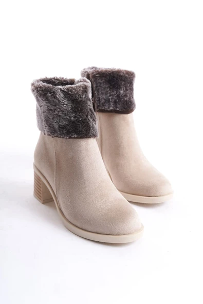 JET-KATYA Fermuarlı Ortopedik Taban Topuklu Kürk Detaylı Süet Kadın Bot  STT - Ten - Resim 5