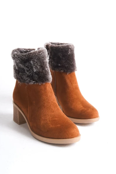 JET-KATYA Fermuarlı Ortopedik Taban Topuklu Kürk Detaylı Süet Kadın Bot  STT - Taba - Resim 4