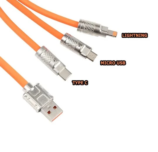 BEYAZ 3in1 Metal Başlıklı Type-C-Micro Usb-Lightning Uyumlu 120W 6A Hızlı Şarj Kablosu s-219 - Resim 4