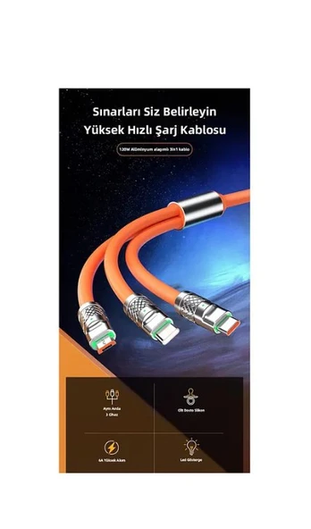 BEYAZ 3in1 Metal Başlıklı Type-C-Micro Usb-Lightning Uyumlu 120W 6A Hızlı Şarj Kablosu s-219 - Resim 7