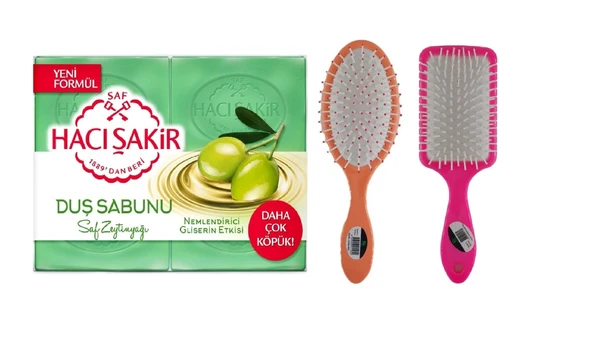 Hacı Şakir Zeytinyağı Gliserinli Saf Duş Sabunu 4X125 gr Saç Fön Oval Saç Fırçası Tarak 1 + 1 Adet