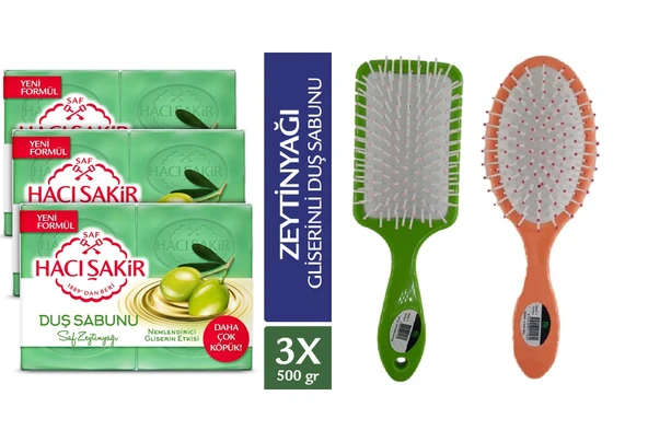 Hacı Şakir Gliserinli Saf Zeytinyağı Duş Sabunu 4X125 gr x 3 Adet Saç Fön Fırçası Tarak 1+1 Adet