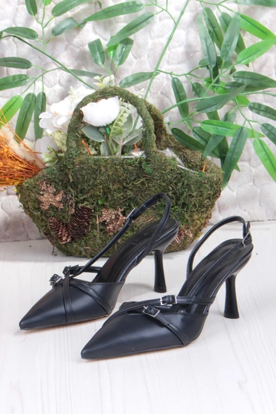 Fort 2105 Ceyn Cilt Çapraz Çift Toka Detaylı Arkası Açık Topuklu Kadın Ayakkabı - Resim 6