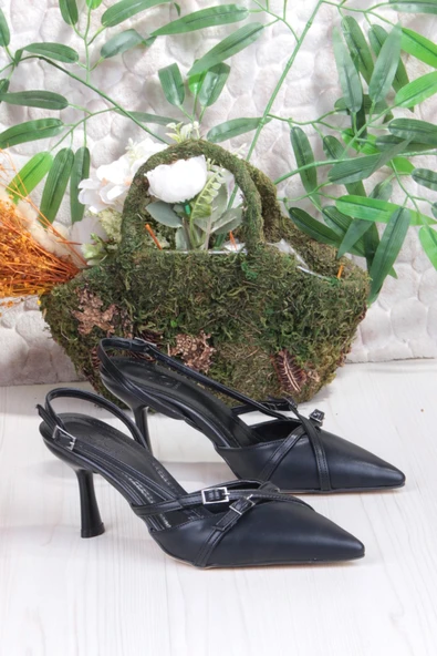 Fort 2105 Ceyn Cilt Çapraz Çift Toka Detaylı Arkası Açık Topuklu Kadın Ayakkabı - Resim 5