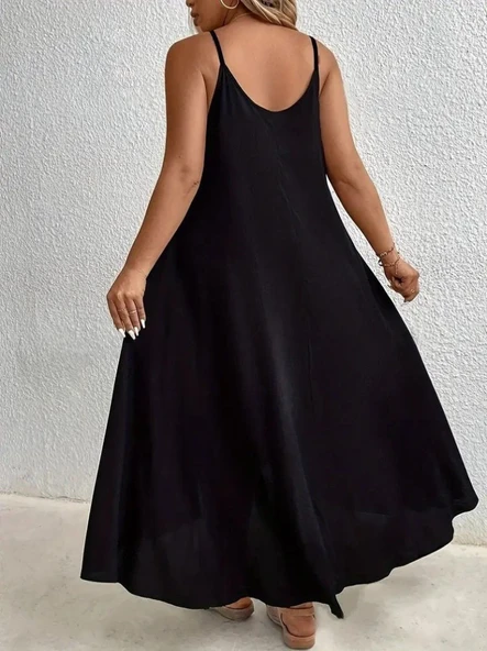 Kadın Boyundan Askılı Damla Detaylı Halkalı Asimetrik Kesim Viskon Elbise - Resim 5