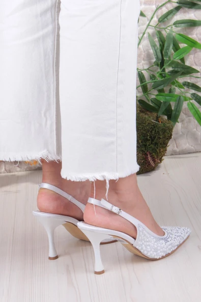 Fort 3668 Uraz Boncuk Taş Detaylı Arkası Açık Önü Kapalı Topuklu Kadın Ayakkabı - Resim 4