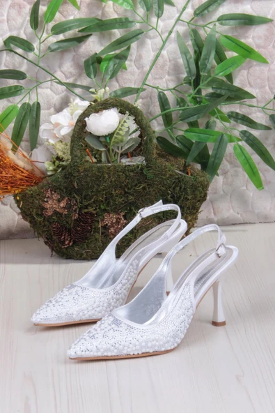 Fort 3668 Uraz Boncuk Taş Detaylı Arkası Açık Önü Kapalı Topuklu Kadın Ayakkabı - Resim 6