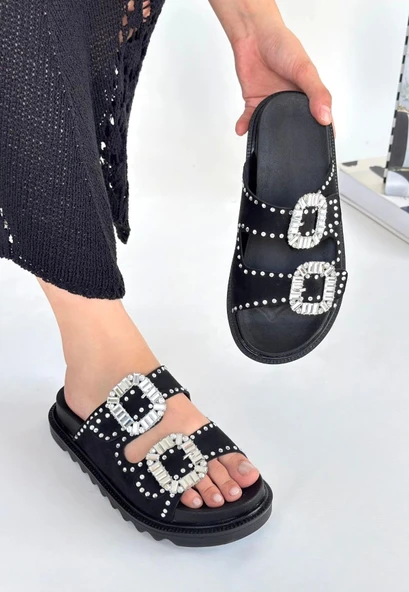 Juana Siyah Nubuk  Taşlı Terlik - Resim 3