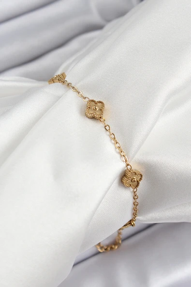 316L Çelik Yonca Model Gold Renk Kadın Bileklik