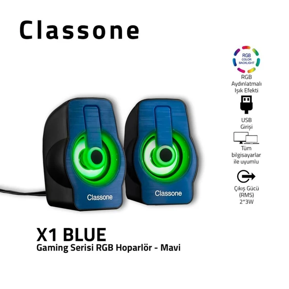 Classone X1 Black Rgb Işıklı  Gaming  Usb Hoparlör Mavi - 3