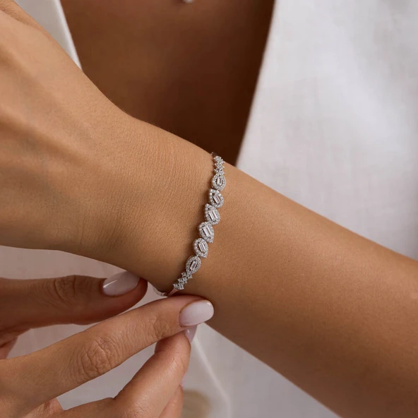 Drop Baguette Beyaz Altın Takı Seti - 2