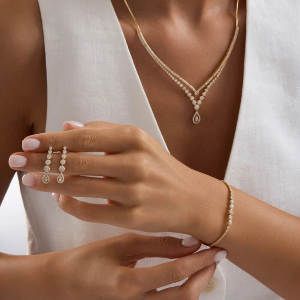 Kombin Prenses Damla Sarı Altın Takı Seti