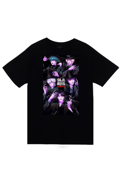 fame-stoned K-Pop Demon Hunters – Saja Boys Baskılı Unisex %100 Pamuk Siyah T-shirt ürün görseli