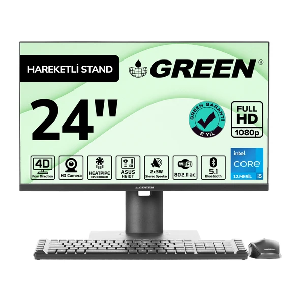GREEN GT24 Intel Core i5 12400 İşlemci 16GB DDR4 Ram 512Gb M2 Ssd 24" Fhd Freedos Siyah All In One Bilgisayar