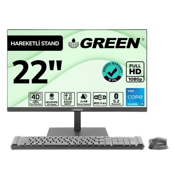 GREEN GX622 Intel Core i5 12400 İşlemci 8GB DDR4 Ram 512Gb M2 Ssd 22" Fhd Freedos Siyah All In One Bilgisayar