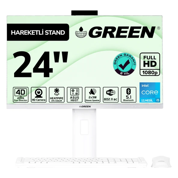 GREEN GT24 Intel Core i5 12400 İşlemci 8GB DDR4 Ram 512Gb M2 Ssd 24" Fhd Freedos Beyaz All In One Bilgisayar