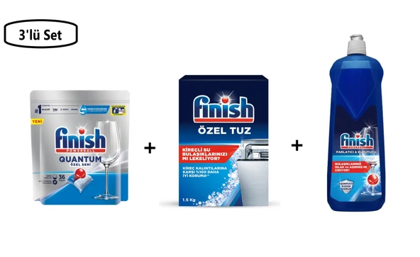 Finish Powerball Quantum Özel Seri 36 Tablet+Finish Özel Tuz 1.5 Kg+Finish Powerball Parlatıcı&Kurutucu 800 ml--3'lü Set-- ürün görseli 1