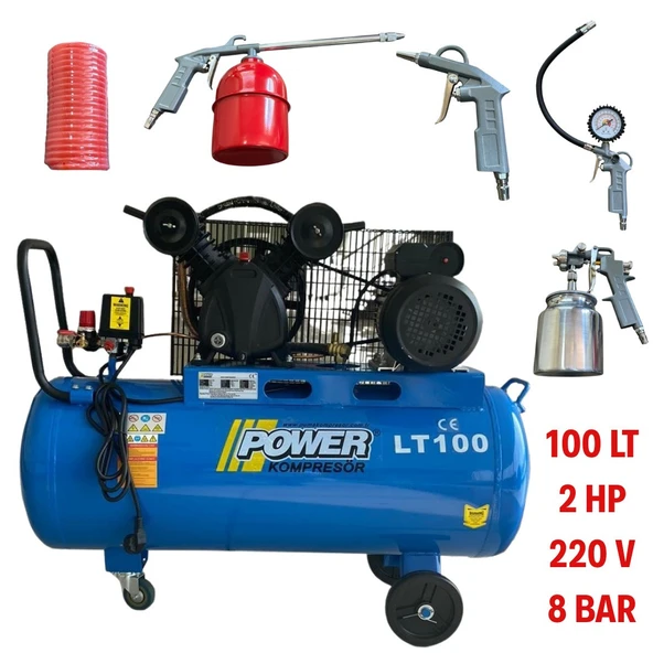 Power 100 Litre 2HP Yağlı Kompresör 5 Li Havalı Setli Hortum Hava Boya Mazot Lastik Şişirme Aparatları ürün görseli