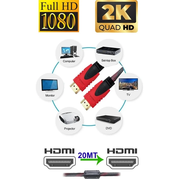 20 Metre Örgülü HDMI Kablo - 20 Metre HDMI to HDMI Kablo Örgülü Form 1.4V ürün görseli 1