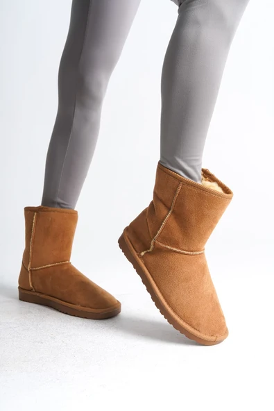 JET-SELINA Bağcıksız Düz Taban İçi Kürklü Süet Kadın Bot  STT - Taba - Resim 4