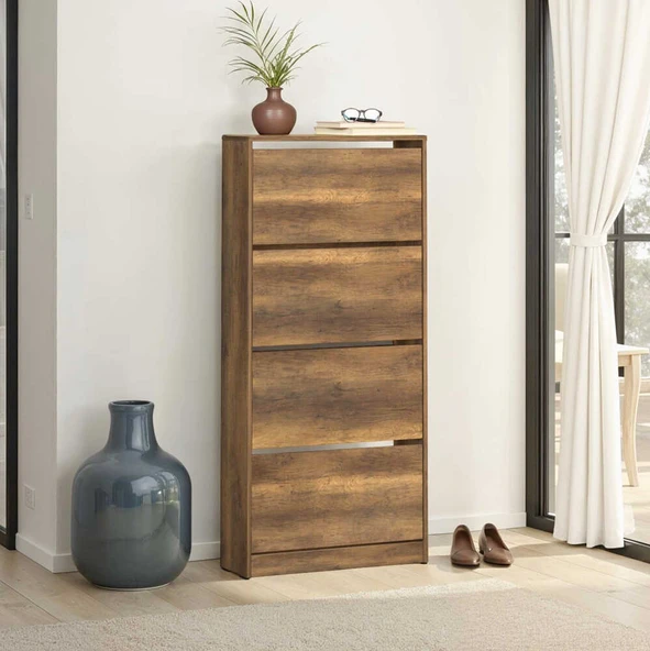 Flat Duo 4 Katlı Geniş Ayakkabılık-Koyu Ceviz (Oslo Ceviz) 73x157x26 cm (GxYxD) - 2