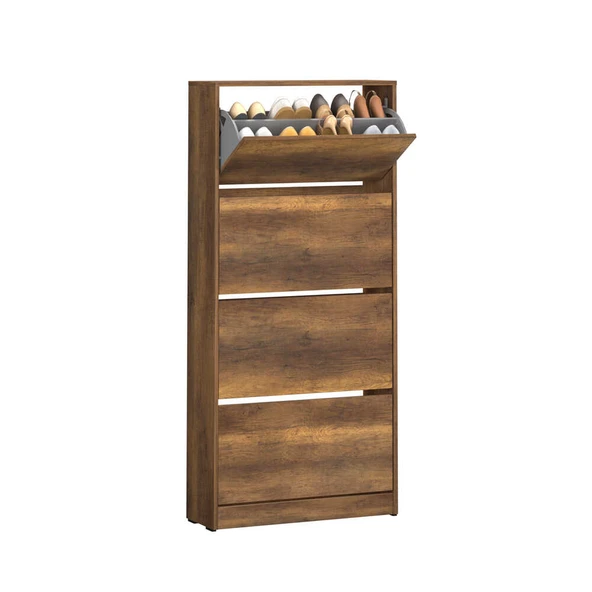 Flat Duo 4 Katlı Geniş Ayakkabılık-Koyu Ceviz (Oslo Ceviz) 73x157x26 cm (GxYxD) - 4