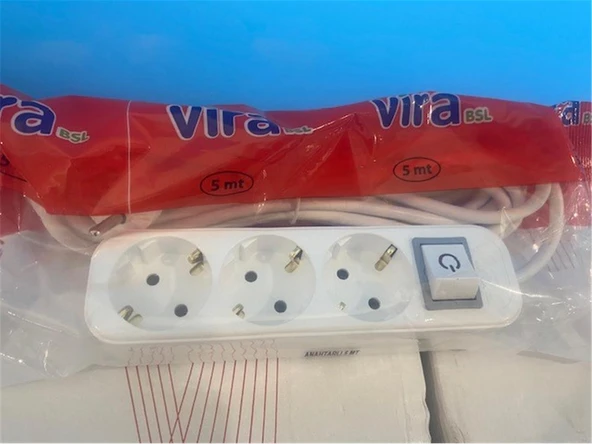 Vira 3lü 5mt Anahtarlı Topraklı Priz ürün görseli 1