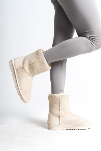JET-SELINA Bağcıksız Düz Taban İçi Kürklü Süet Kadın Bot  SKT - Krem - Resim 4