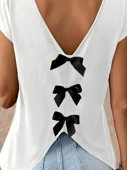 Lucky Life Kadın Kısa Kollu V Yakalı Arkadan Kurdele Detaylı Viskon Bluz - Resim 5