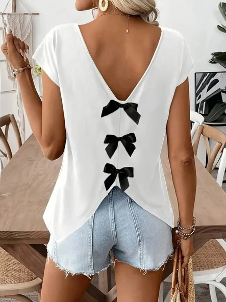 Lucky Life Kadın Kısa Kollu V Yakalı Arkadan Kurdele Detaylı Viskon Bluz - Resim 2