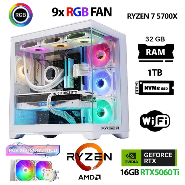 Xaser SovaX60 Ryzen 5 5700x 32GB Ram 1TB M.2 NVMe SSD 16GB RTX5060Ti Sıvı Soğutmalı Hazır Sistem Oyuncu Bilgisayarı