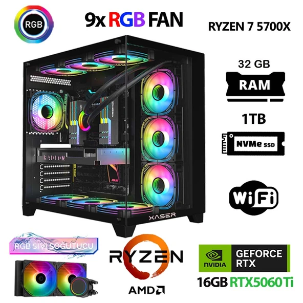 Xaser SovaX40 Ryzen 5 5700x 32GB Ram 1TB M.2 NVMe SSD 16GB RTX5060Ti Sıvı Soğutmalı Masaüstü Oyuncu Bilgisayarı ürün görseli