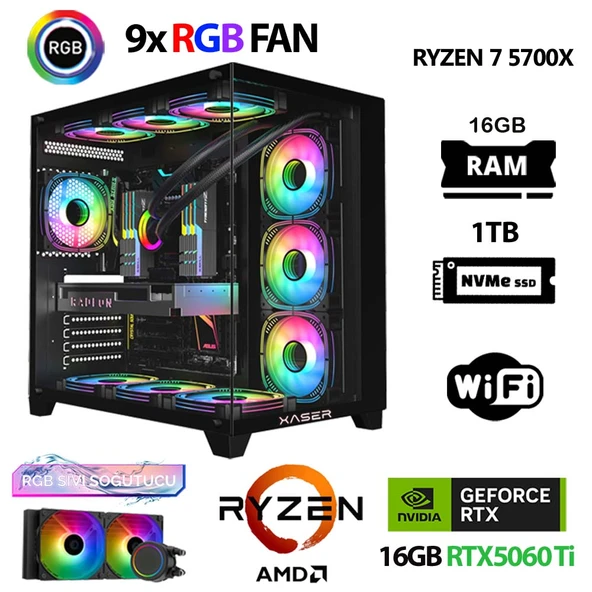 Xaser SovaX30 Ryzen 7 5700x 16GB Ram 1TB M.2 NVMe SSD 16GB RTX5060Ti Sıvı Soğutmalı Masaüstü Oyuncu Bilgisayarı