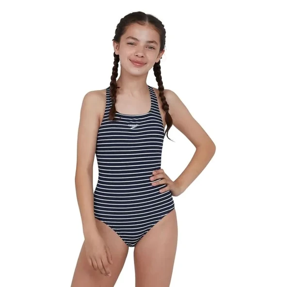 Speedo Endurance Baskılı Madalyalı Kız Çocuk Mayosu Lacivert-Beyaz