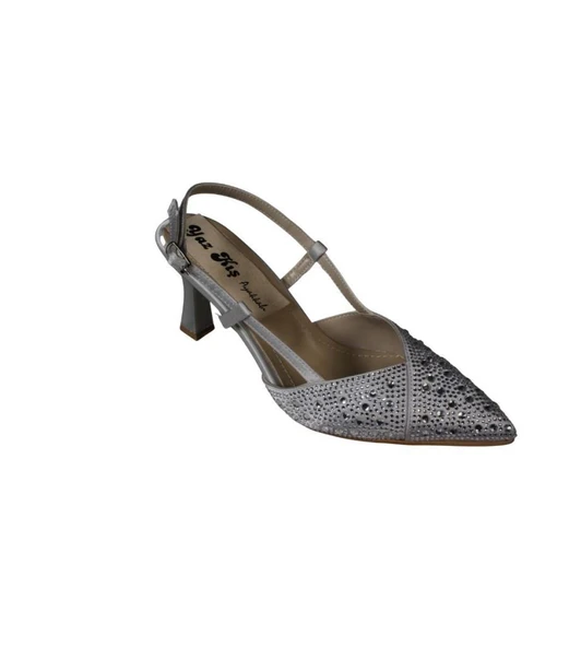 YAZKIŞ Kadın Siyah Laci Ten Gümüş Sivri Burun Üstü Taşlı 8cm kadeh Topuk Abiye Ayakkabı - Resim 5