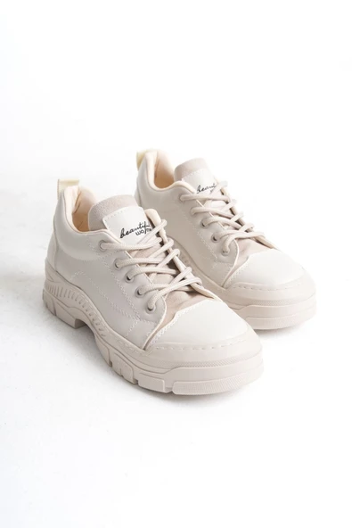 JET-JANE Bağcıklı Ortopedik Taban Kadın Sneaker Spor Ayakkabı  CKT - Krem - Resim 5