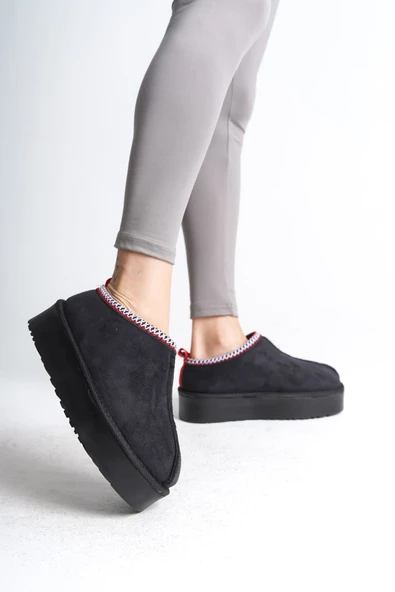 JET-LEILA Bağcıksız Düz ve Kalın Taban İçi Kürklü Kısa Süet Kadın Bot  SST - Siyah - Resim 2