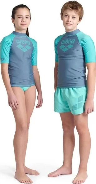 Arena Rash Vest L/S Graphic Erkek Çocuk Yüzücü Tişörtü Gri-Turkuaz - 2