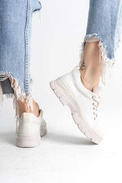 JET-JANE Bağcıklı Ortopedik Taban Kadın Sneaker Spor Ayakkabı  CKT - Krem - Resim 4