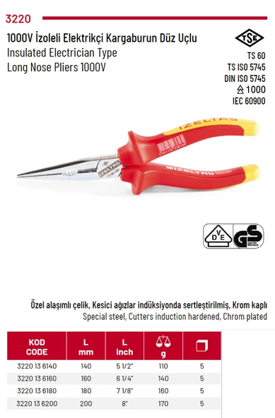 İzeltaş 1000V izoleli Elektrikçi Kargaburun Diz Uclu  160 mm ürün görseli 1